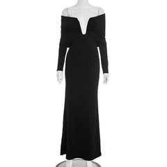 Off shoulder long sleeve ruched slit maxi dress