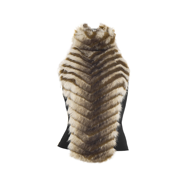 Halter fluffy contrast buckle backless top