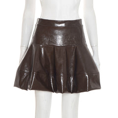 PU leather A line zip-up solid mini skirt