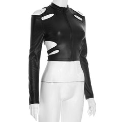 Hollow out zip-up crewneck long sleeve cut out top