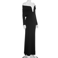 Off shoulder long sleeve ruched slit maxi dress