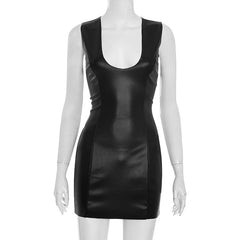 PU leather u neck zip-up sleeveless mini dress