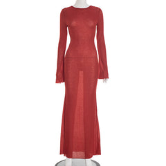Long flared sleeve crewneck backless maxi dress