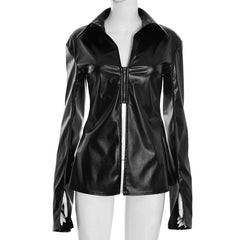 Turnover collar long sleeve PU leather zip-up top