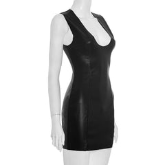 PU leather u neck zip-up sleeveless mini dress