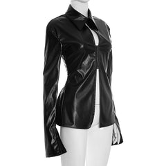 Turnover collar long sleeve PU leather zip-up top