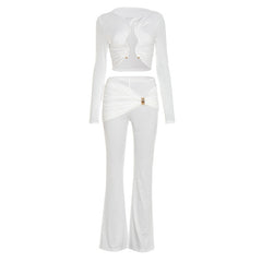 Ruched long sleeve crewneck round neck pant set