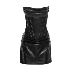 Pleated PU leather zip-up cami mini dress