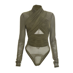 Long sleeve mesh ruched button bodysuit