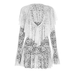 Long sleeve lace deep v neck see through mini dress