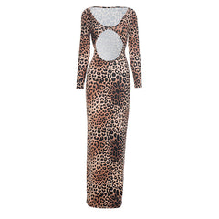 Leopard print hollow out long sleeve cut out maxi dress