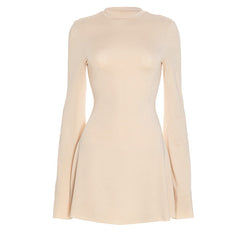 Long flared sleeve crewneck solid mini dress