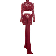Long sleeve lace ruched high neck mini skirt set