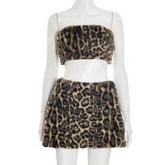 Leopard print fluffy tube mini skirt set