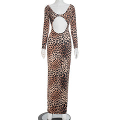 Leopard print hollow out long sleeve cut out maxi dress
