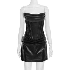 Pleated PU leather zip-up cami mini dress