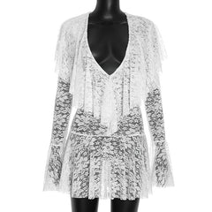 Long sleeve lace deep v neck see through mini dress