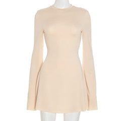 Long flared sleeve crewneck solid mini dress