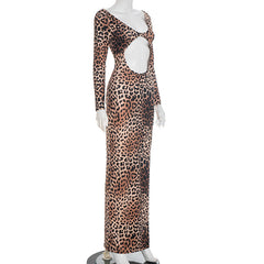 Leopard print hollow out long sleeve cut out maxi dress