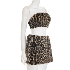 Leopard print fluffy tube mini skirt set