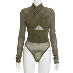 Long sleeve mesh ruched button bodysuit