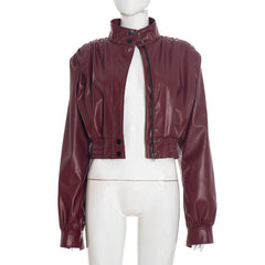 Long sleeve zip-up PU leather turnover collar top