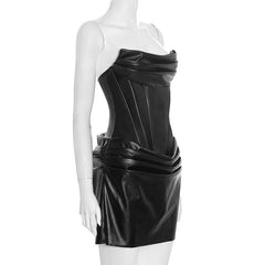 Pleated PU leather zip-up cami mini dress