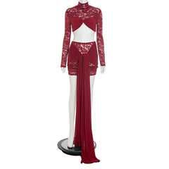 Long sleeve lace ruched high neck mini skirt set
