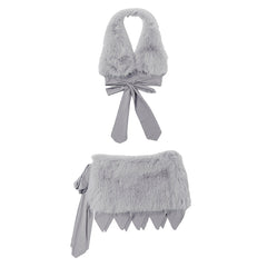 Halter fluffy v neck self tie backless mini skirt set