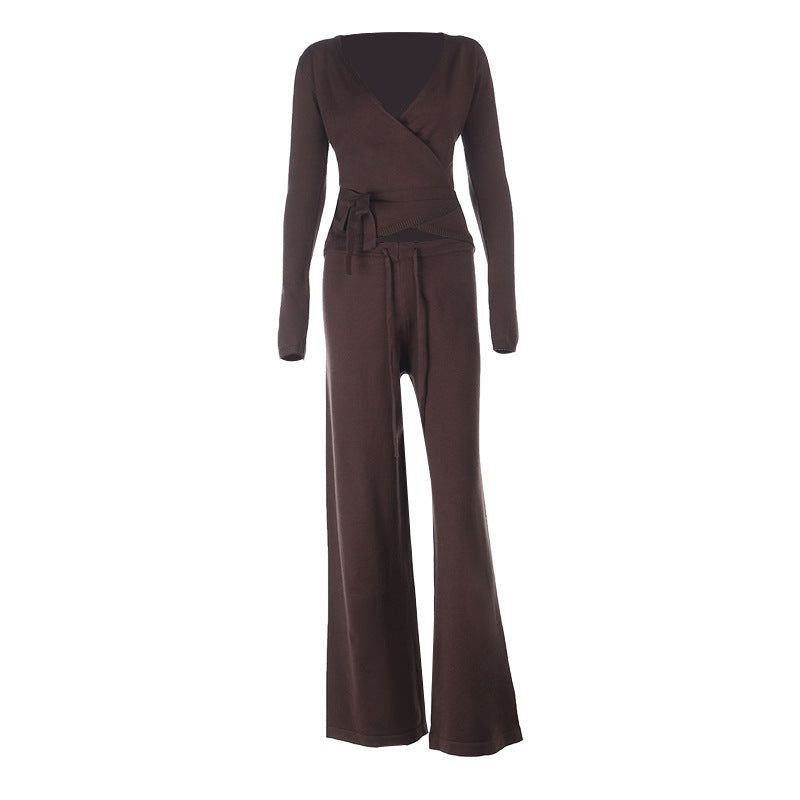 Long sleeve v neck self tie drawstring pant set