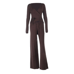Long sleeve v neck self tie drawstring pant set