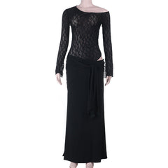 Ruched long sleeve lace hollow out cut out maxi dress
