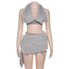 Halter fluffy v neck self tie backless mini skirt set