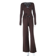 Long sleeve v neck self tie drawstring pant set