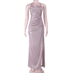 Cross back self tie ruched zip-up slit cami maxi dress