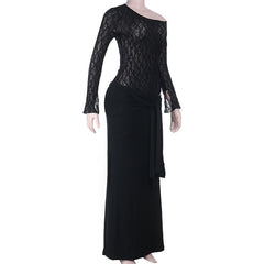 Ruched long sleeve lace hollow out cut out maxi dress
