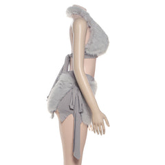 Halter fluffy v neck self tie backless mini skirt set