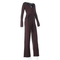 Long sleeve v neck self tie drawstring pant set