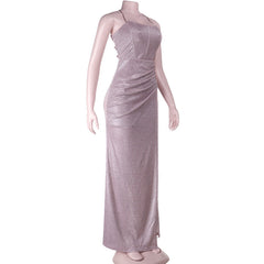 Cross back self tie ruched zip-up slit cami maxi dress