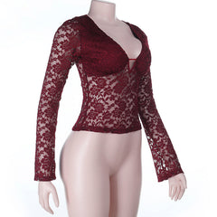 Lace long sleeve deep V neck solid top
