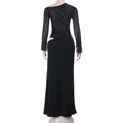 Ruched long sleeve lace hollow out cut out maxi dress