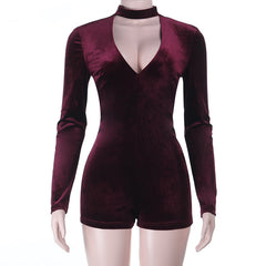 Long sleeve hollow out zip-up solid romper