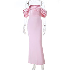 Satin ruched off shoulder zip-up slit maxi dress