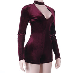 Long sleeve hollow out zip-up solid romper