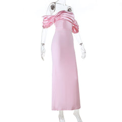 Satin ruched off shoulder zip-up slit maxi dress