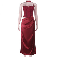Hollow out ruched satin slit cami cut out maxi dress