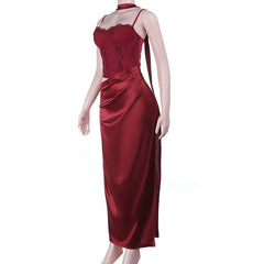 Hollow out ruched satin slit cami cut out maxi dress