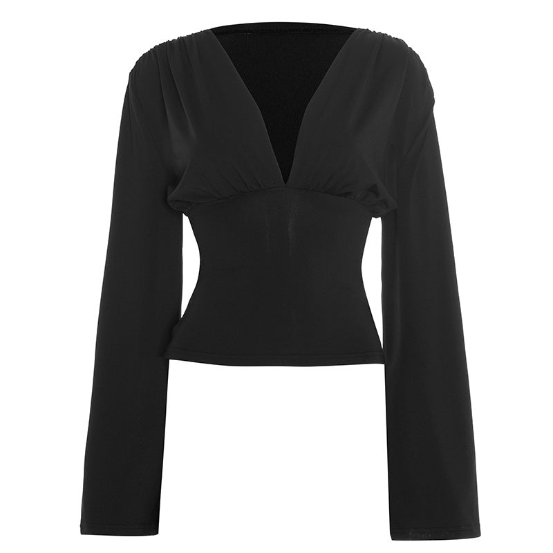 Long sleeve v neck ruched solid top