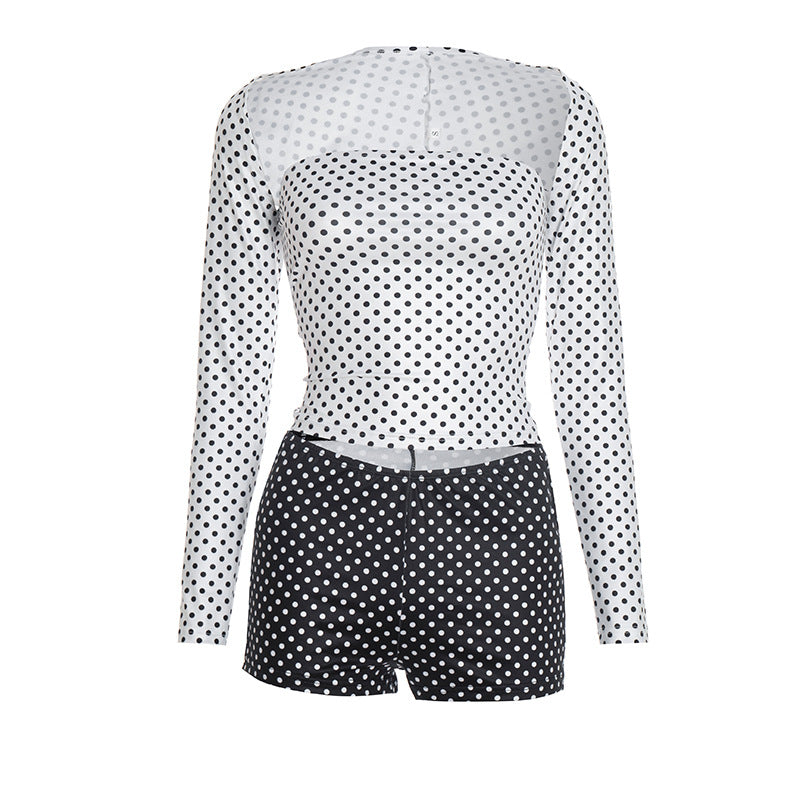 Polka dot long sleeve shrug low rise pant set