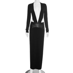 Long sleeve deep v neck hollow out slit cut out maxi dress